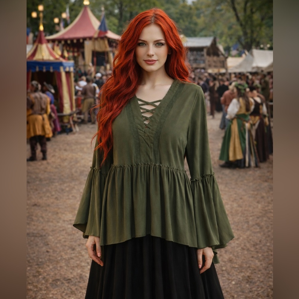 Charming Charlie Green Tunic Top Whimsigoth Renaissance Flowy Boho Size S